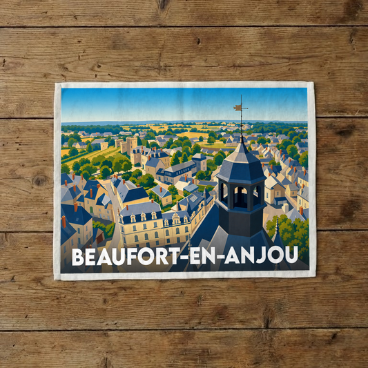 Torchon souvenir de la ville de Beaufort-en-Anjou avec une illustration stylisée vue du ciel.