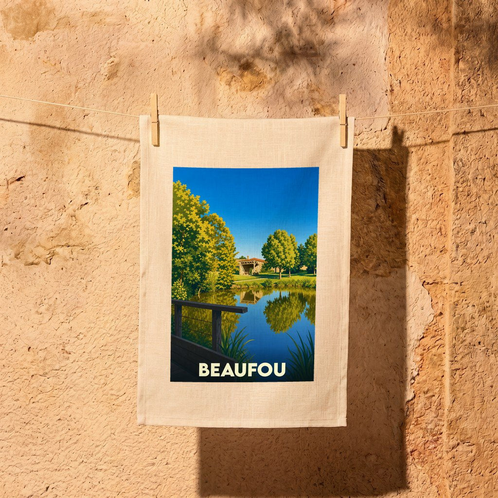 Torchon souvenir de la ville de Beaufou avec une illustration stylisée d'un étang paisible.
