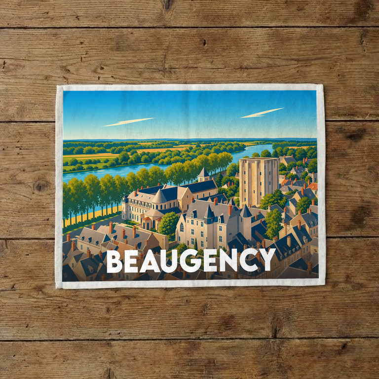 Torchon souvenir de la ville de Beaugency orné d'une illustration stylisée de son centre historique en bord de Loire.