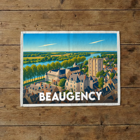 Torchon souvenir de la ville de Beaugency orné d'une illustration stylisée de son centre historique en bord de Loire.