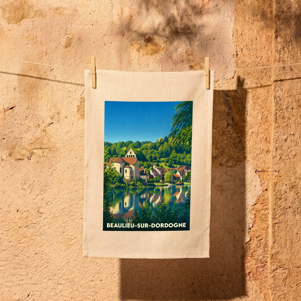 Torchon souvenir de Beaulieu-sur-Dordogne orné d'une illustration stylisée du village se reflétant dans l'eau.