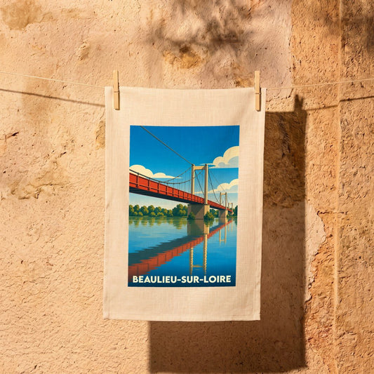 Torchon souvenir de Beaulieu-sur-Loire avec une illustration stylisée de son pont suspendu.