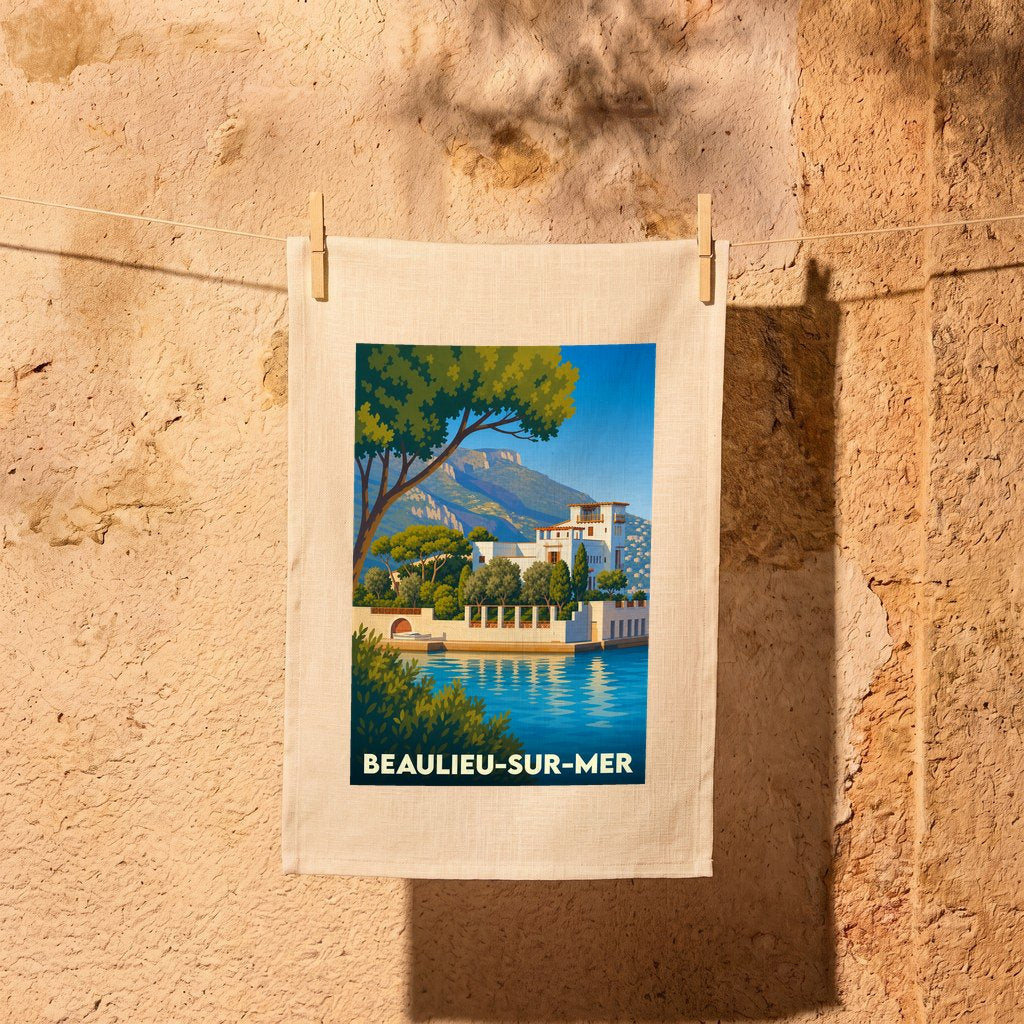 Torchon souvenir de la ville de Beaulieu-sur-Mer avec une illustration stylisée.