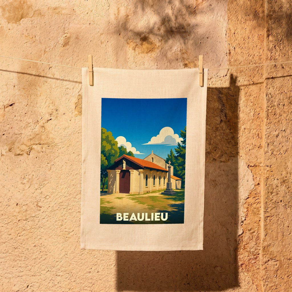 Torchon souvenir de la ville de Beaulieu avec une illustration stylisée d'une église sous un ciel bleu.
