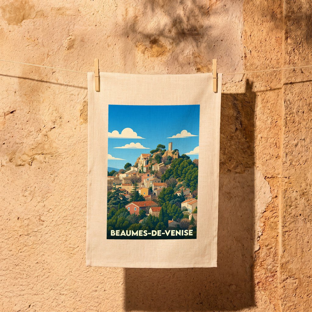 Torchon souvenir de la ville de Beaumes-de-Venise avec une illustration stylisée du village perché.