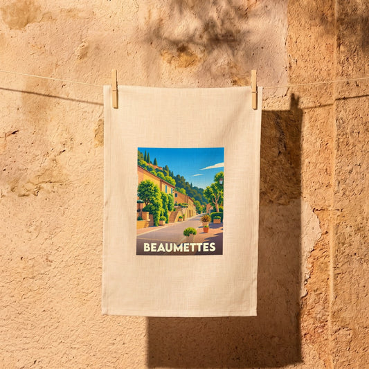 Torchon souvenir de la ville de Beaumettes avec une illustration stylisée d'une rue ensoleillée.