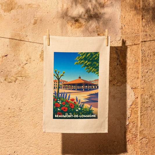 Torchon souvenir de la ville de Beaumont-de-Lomagne avec une illustration stylisée de sa halle médiévale.