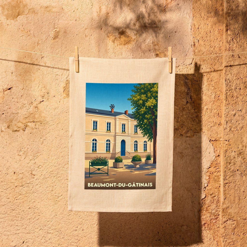 Torchon souvenir de la ville de Beaumont-du-Gâtinais avec une illustration stylisée.