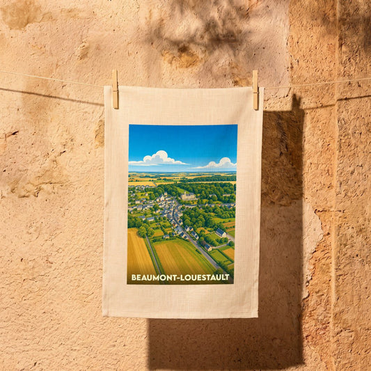 Torchon souvenir de la ville de Beaumont-Louestault avec une illustration de paysage champêtre stylisé.