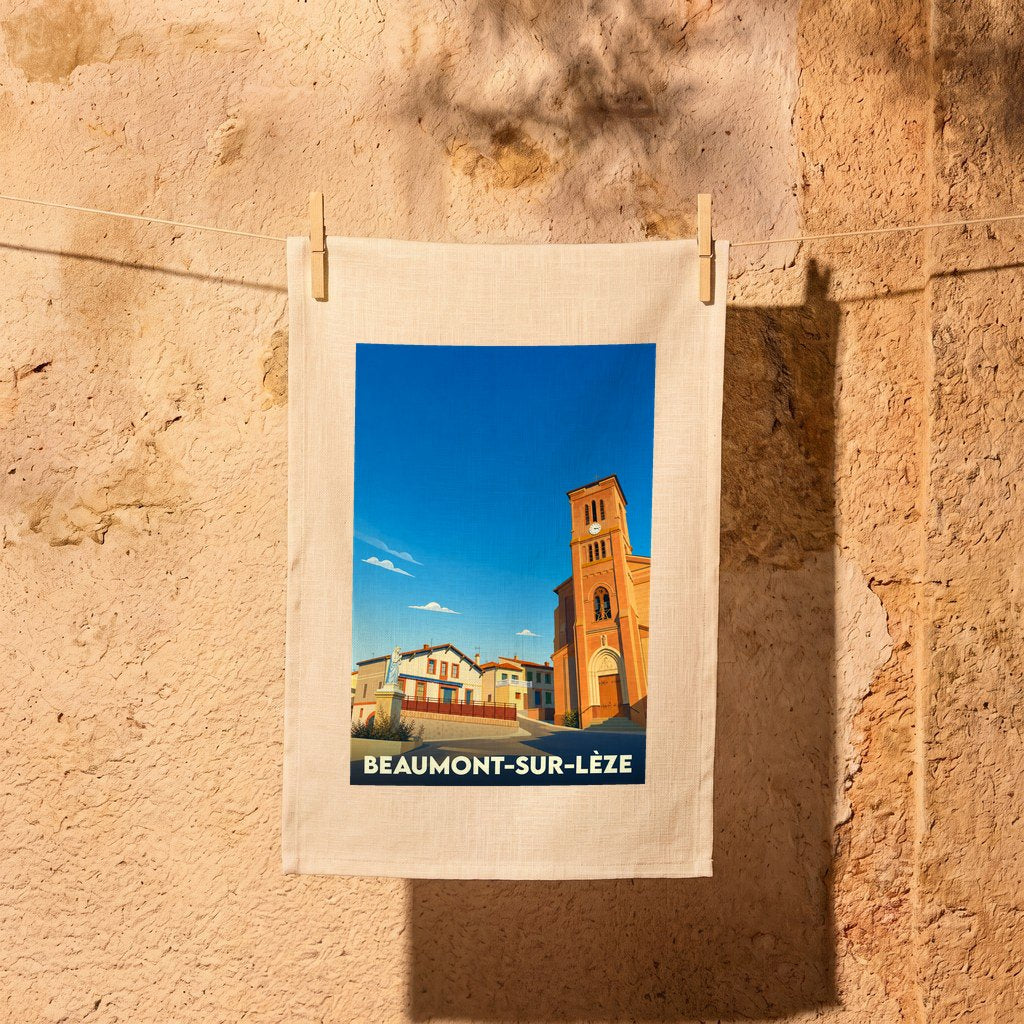 Torchon souvenir de la ville de Beaumont-sur-Lèze avec une illustration stylisée.
