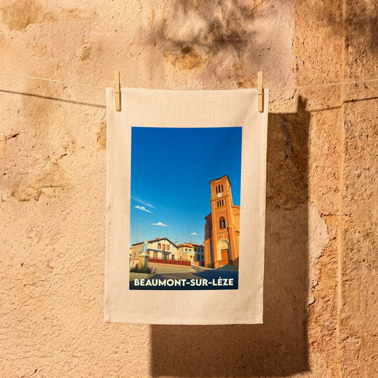 Torchon souvenir de la ville de Beaumont-sur-Lèze avec une illustration stylisée.