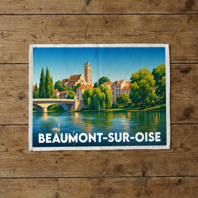 Torchon souvenir de Beaumont-sur-Oise illustrant un paysage de bord de rivière avec son église et son pont.