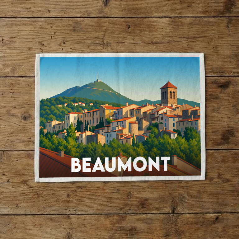 Torchon souvenir de la ville de Beaumont avec une illustration stylisée d'un village de montagne.