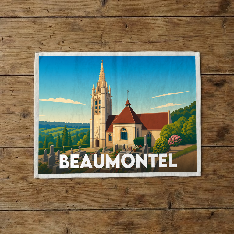 Torchon souvenir de la ville de Beaumontel avec une illustration stylisée.