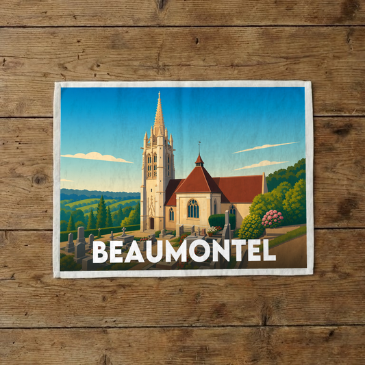 Torchon souvenir de la ville de Beaumontel avec une illustration stylisée.