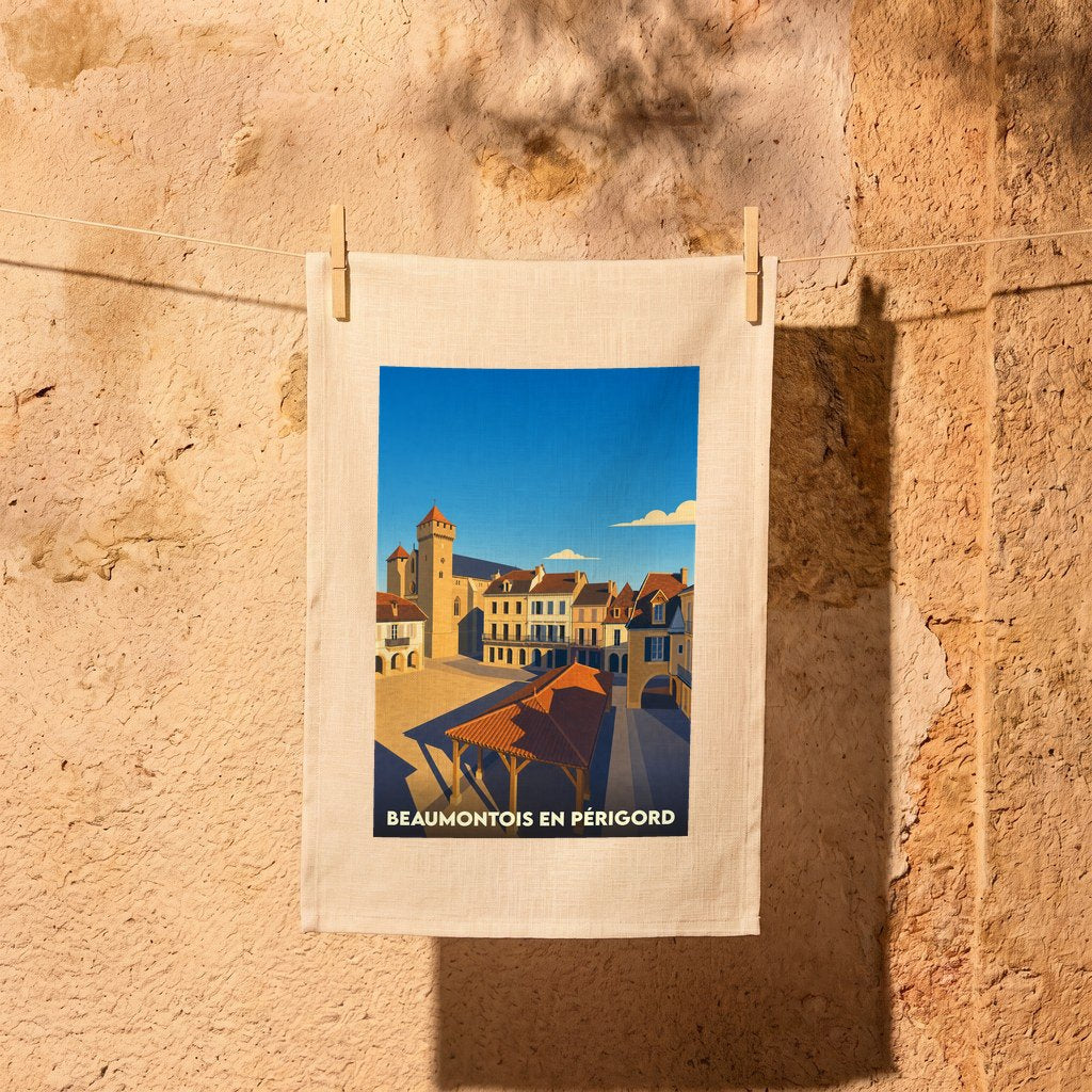 Torchon souvenir de la ville de Beaumontois en Périgord avec une illustration stylisée de sa place centrale.