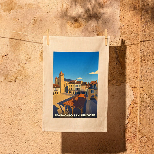 Torchon souvenir de la ville de Beaumontois en Périgord avec une illustration stylisée de sa place centrale.