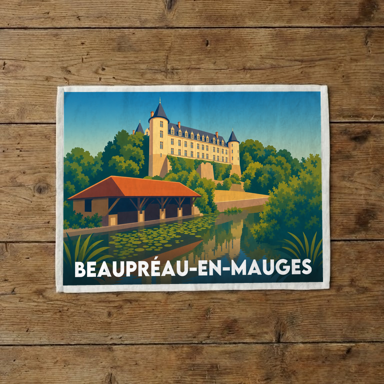 Torchon souvenir de la ville de Beaupréau-en-Mauges avec une illustration stylisée.