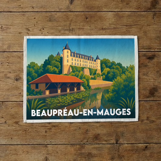 Torchon souvenir de la ville de Beaupréau-en-Mauges avec une illustration stylisée.