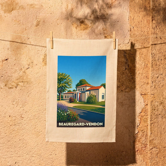 Torchon souvenir de la ville de Beauregard-Vendon avec une illustration stylisée.