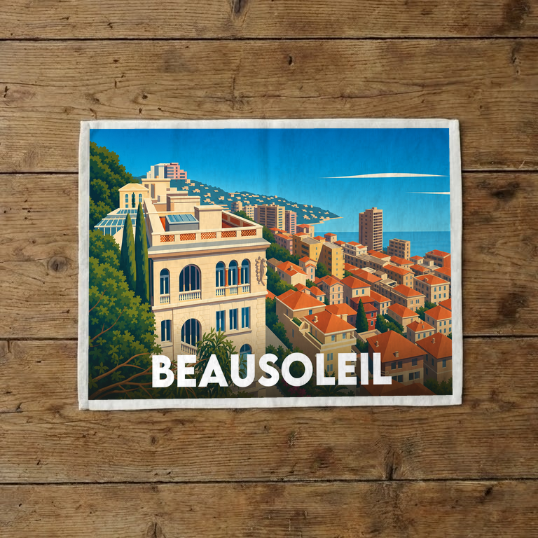 Torchon souvenir de la ville de Beausoleil avec une illustration stylisée.