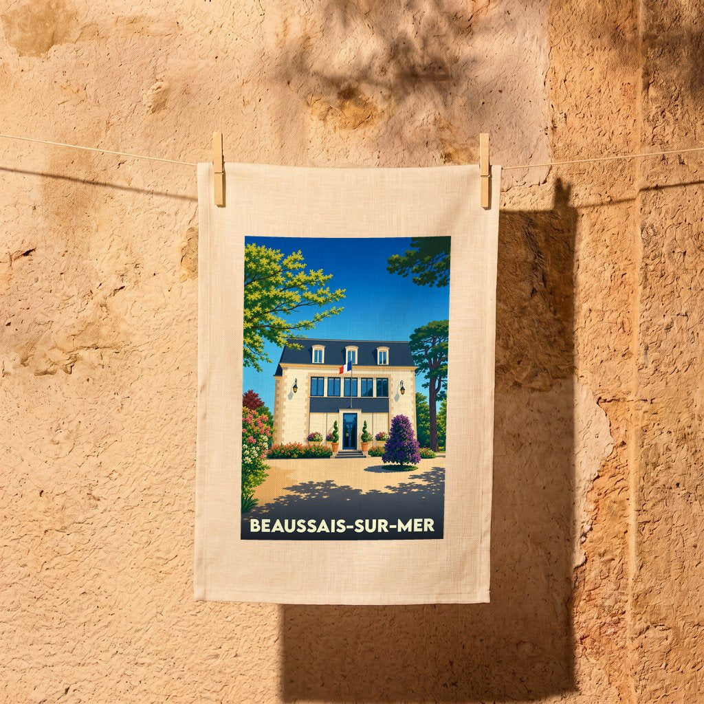 Torchon souvenir de la ville de Beaussais-sur-Mer avec une illustration stylisée de sa mairie.