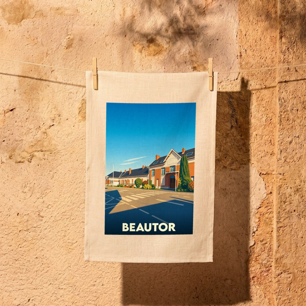 Torchon souvenir de la ville de Beautor avec une illustration stylisée.