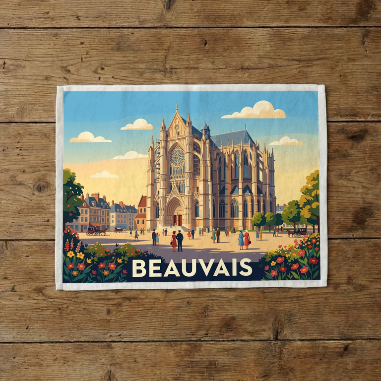 Torchon souvenir de la ville de Beauvais avec une illustration stylisée de sa cathédrale.