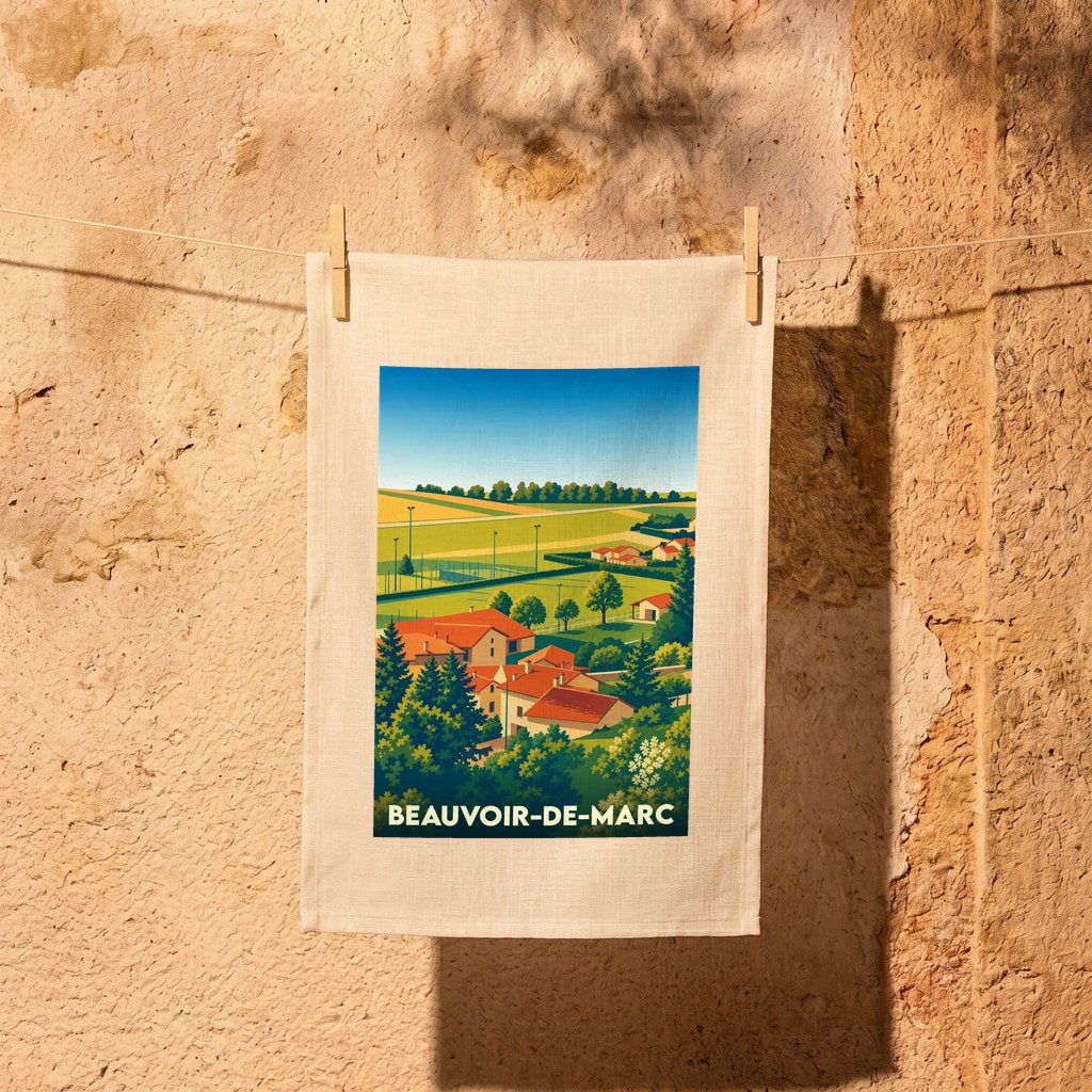 Torchon souvenir de la ville de Beauvoir-de-Marc illustré par un paysage de campagne stylisé.