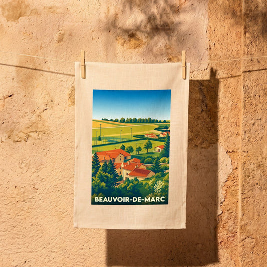 Torchon souvenir de la ville de Beauvoir-de-Marc illustré par un paysage de campagne stylisé.