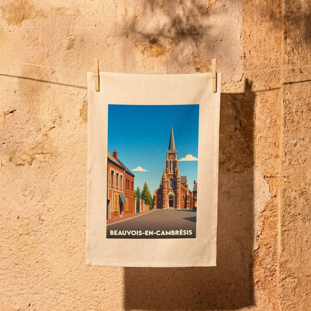Torchon souvenir de la ville de Beauvois-en-Cambrésis avec une illustration stylisée de son église et de ses maisons en briques.