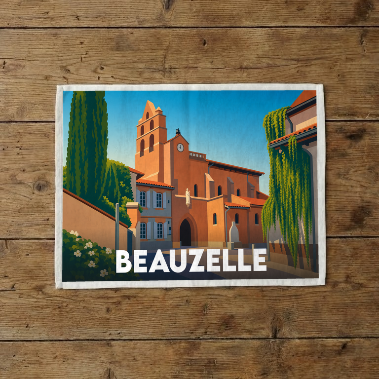 Torchon souvenir de la ville de Beauzelle avec une illustration stylisée de son église.