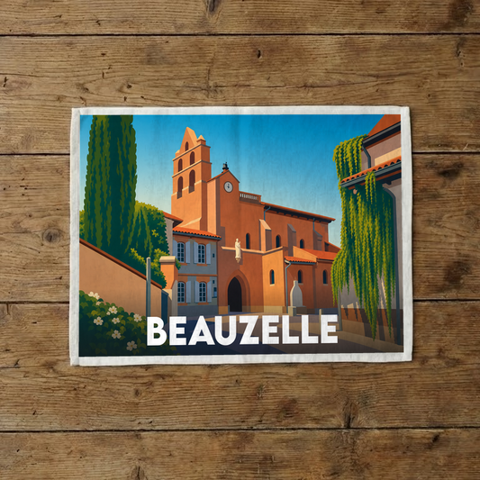 Torchon souvenir de la ville de Beauzelle avec une illustration stylisée de son église.