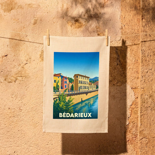 Torchon souvenir de la ville de Bédarieux avec une illustration stylisée.