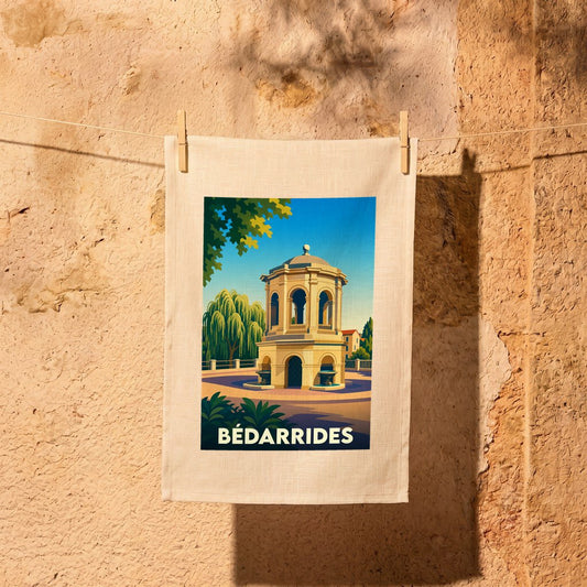 Torchon souvenir de la ville de Bédarrides avec une illustration stylisée de sa fontaine monumentale.