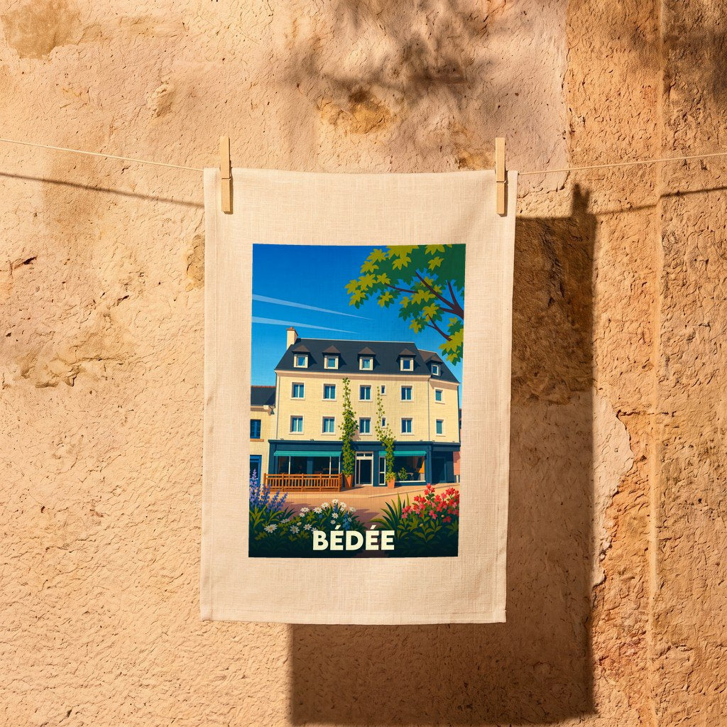 Torchon souvenir de la ville de Bédée avec une illustration colorée et stylisée de son architecture.