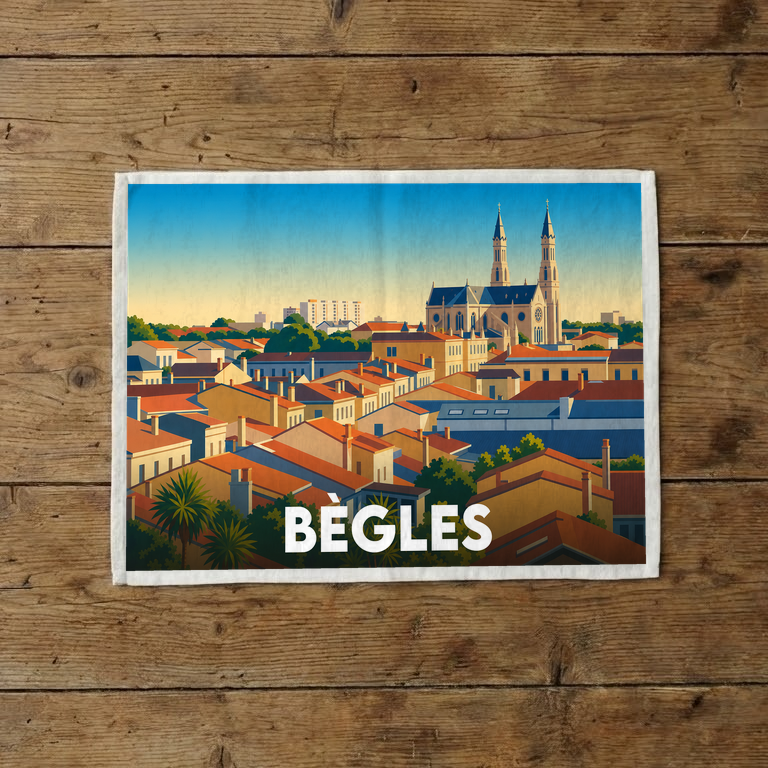 Torchon souvenir de la ville de Bègles avec une illustration stylisée de ses toits et de son église.