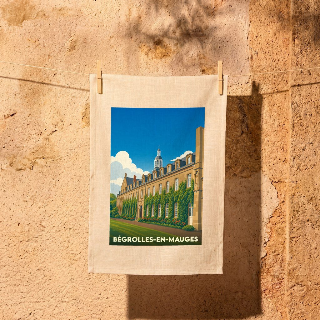 Torchon souvenir de la ville de Bégrolles-en-Mauges avec une illustration stylisée de son abbaye.