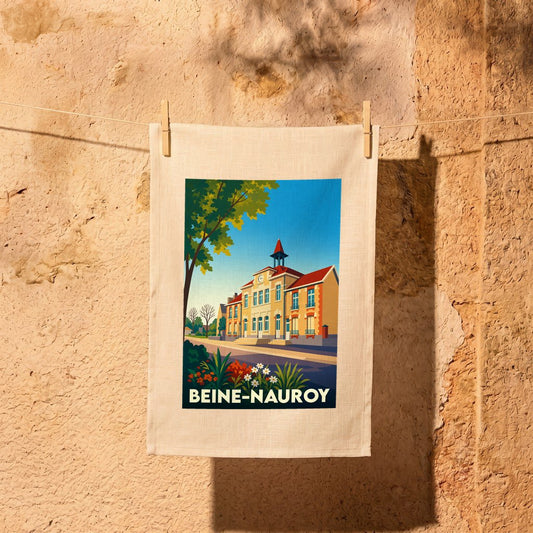 Torchon souvenir de la ville de Beine-Nauroy avec une illustration colorée et stylisée de sa mairie.