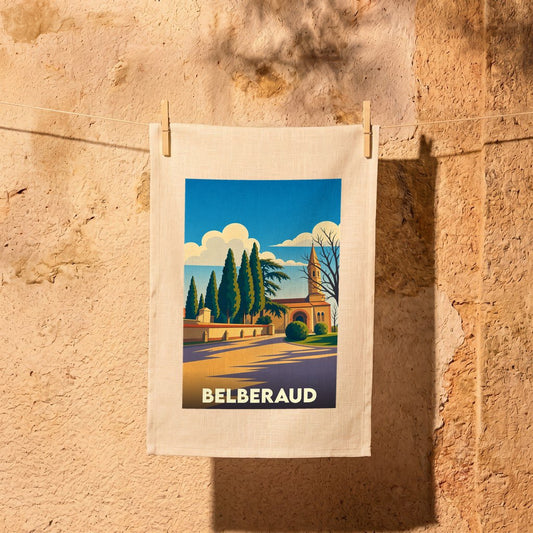 Torchon souvenir de la ville de Belberaud avec une illustration stylisée.