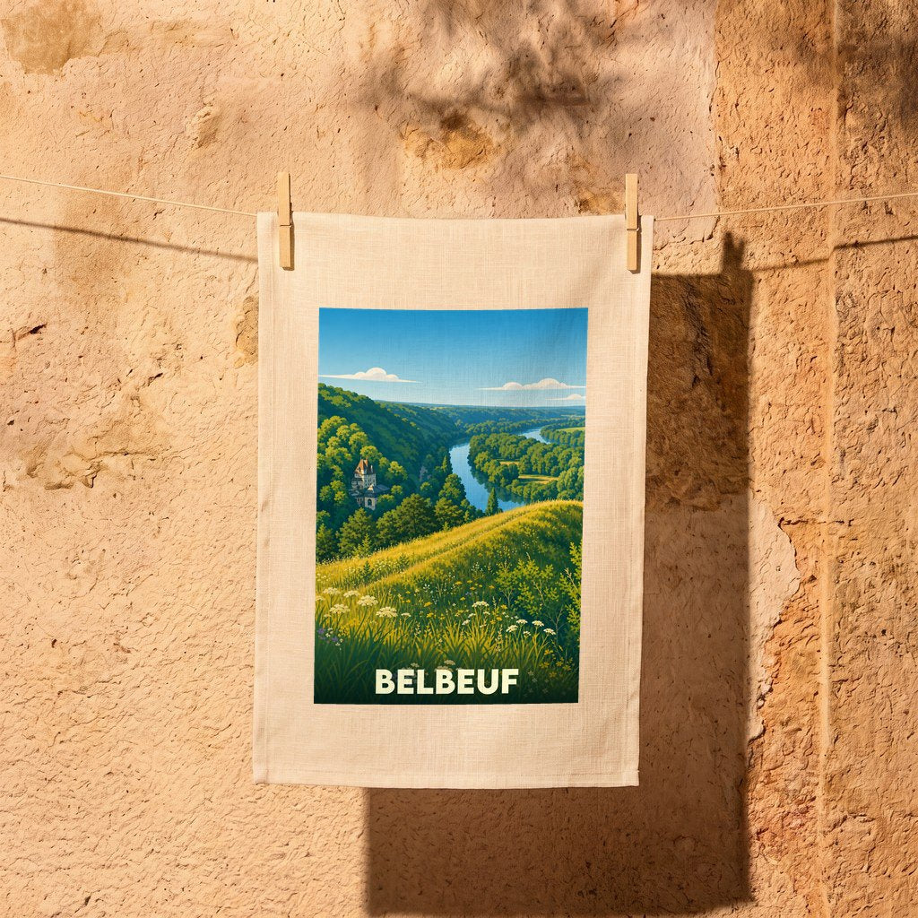 Torchon souvenir de la ville de Belbeuf avec une illustration stylisée d'un paysage de vallée.