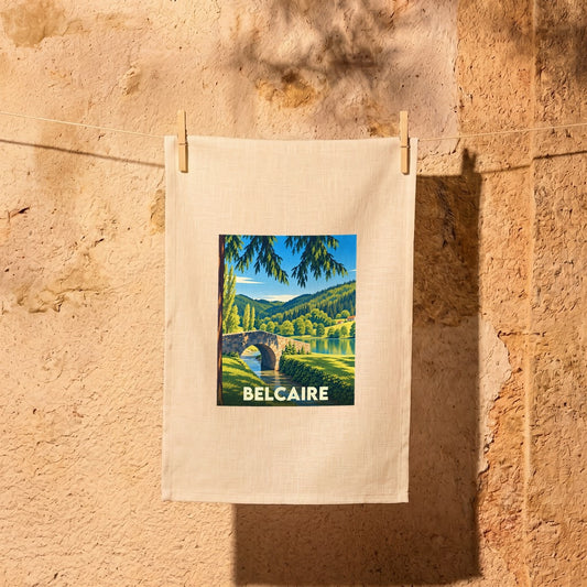 Torchon souvenir de la ville de Belcaire avec une illustration stylisée d'un pont en pierre dans un paysage montagneux.