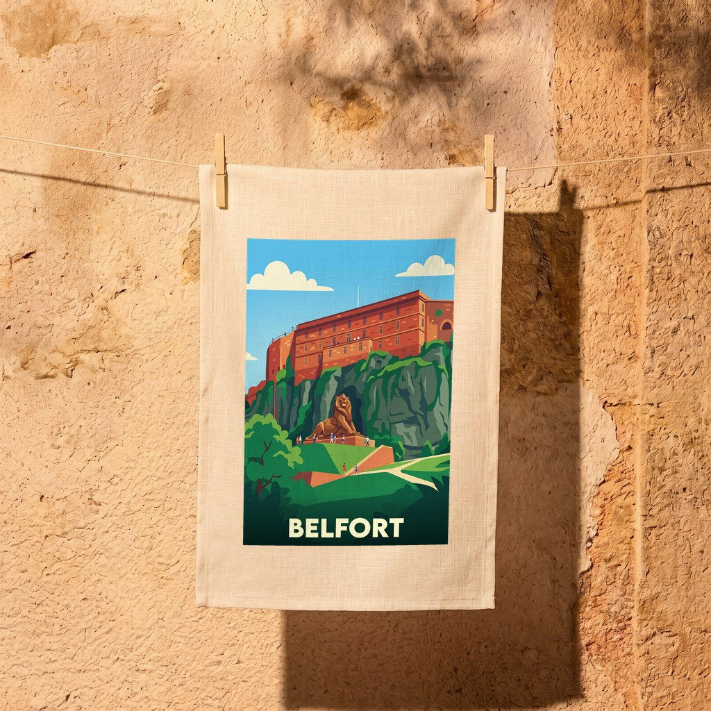 Torchon souvenir de la ville de Belfort avec une illustration stylisée de son célèbre Lion et de la Citadelle.