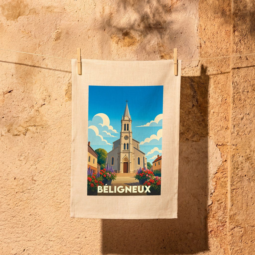 Torchon souvenir de la ville de Béligneux avec une illustration stylisée de son église sous un ciel bleu.