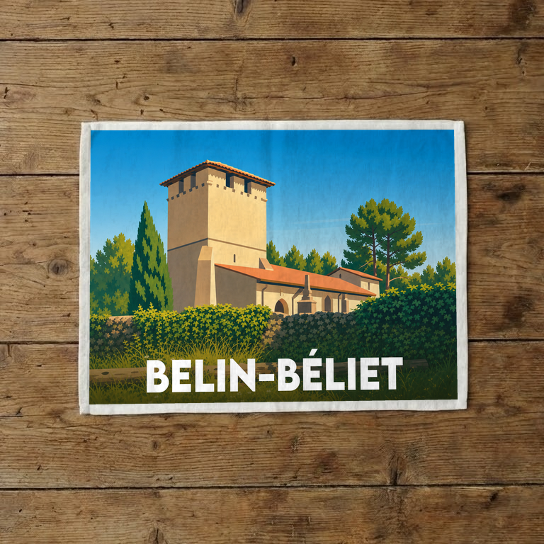 Torchon souvenir de la ville de Belin-Béliet avec une illustration stylisée.
