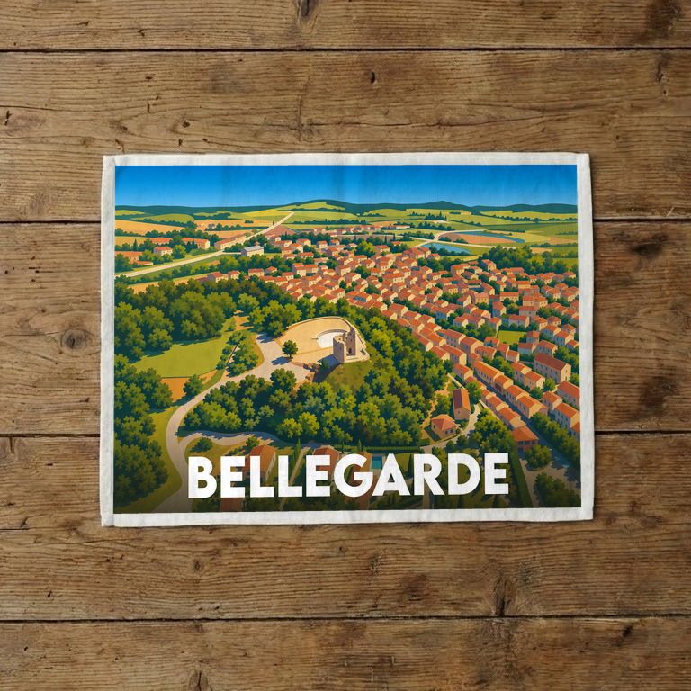 Torchon souvenir de la ville de Bellegarde avec une illustration stylisée d'une vue aérienne.