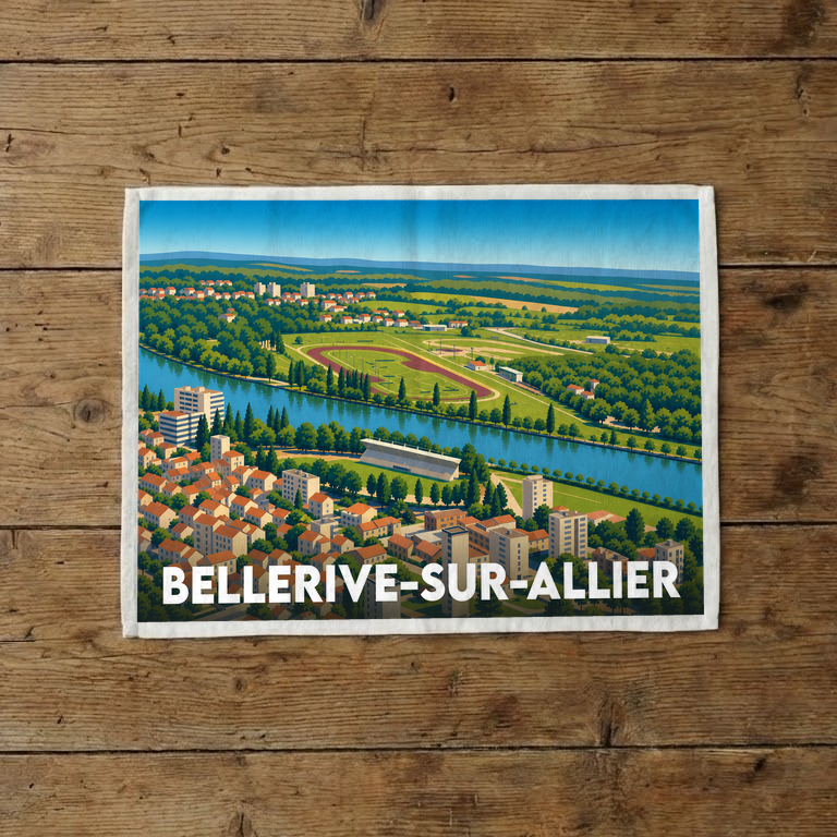 Torchon souvenir de la ville de Bellerive-sur-Allier avec une illustration stylisée d'un paysage urbain au bord de l'eau.