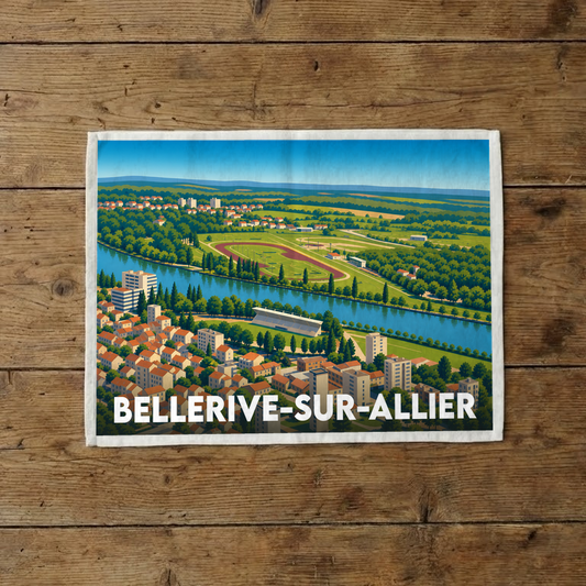 Torchon souvenir de la ville de Bellerive-sur-Allier avec une illustration stylisée d'un paysage urbain au bord de l'eau.