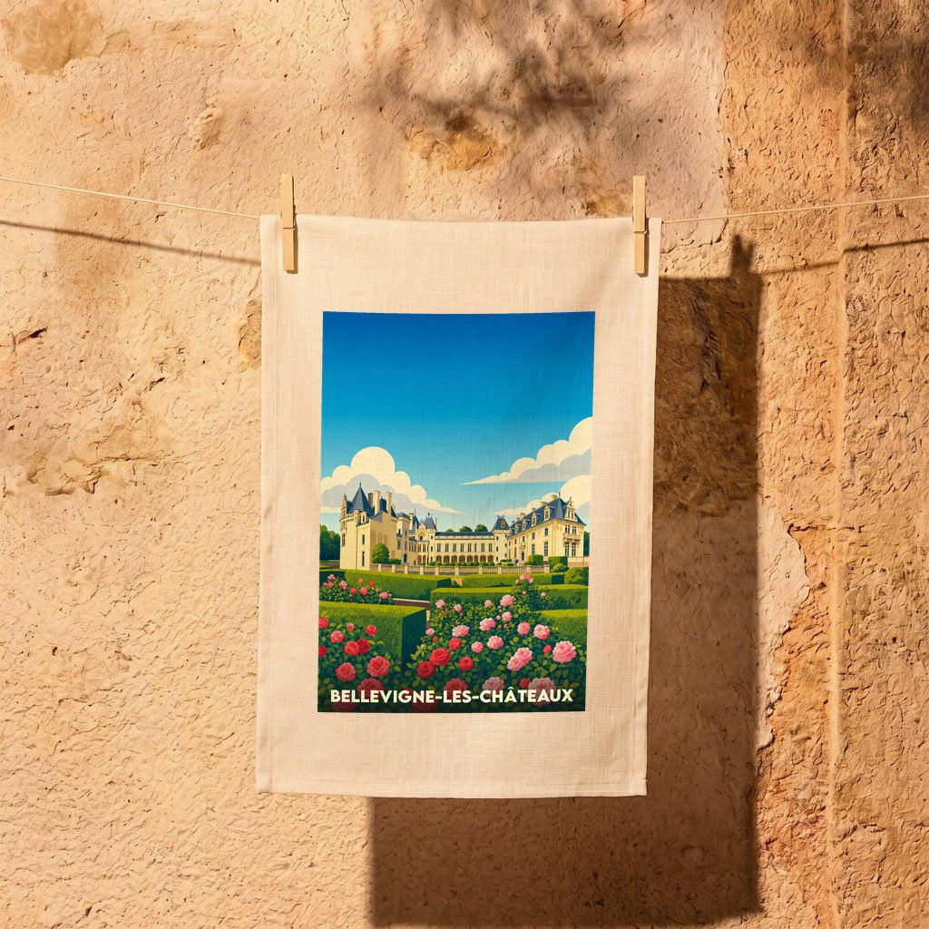 Torchon souvenir de la ville de Bellevigne-les-Châteaux avec une illustration stylisée d'un château et de jardins.