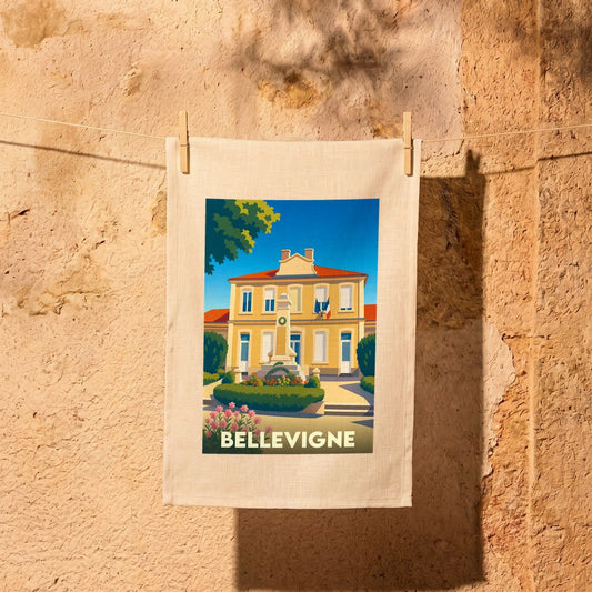 Torchon souvenir de la ville de Bellevigne avec une illustration stylisée.